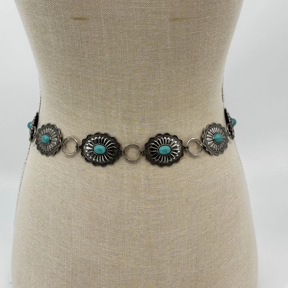 Western Heritage Chain Belt Women M/L Silver Turquoise  Concho  Boho Cowgirl